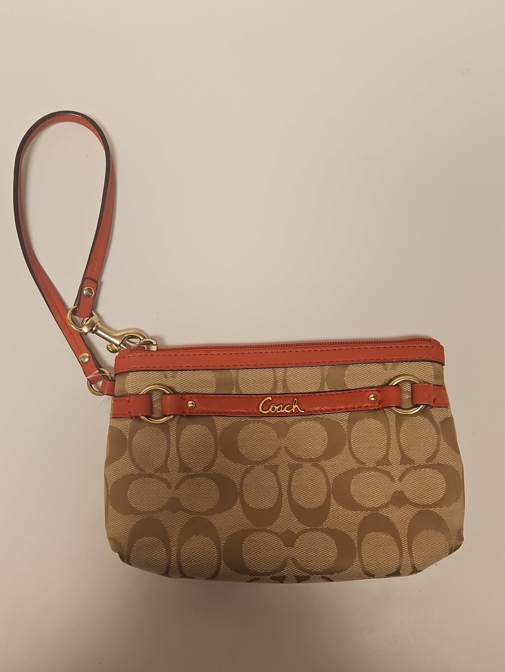 Coach Tan Signature Canvas Wristlet with Orange Trim